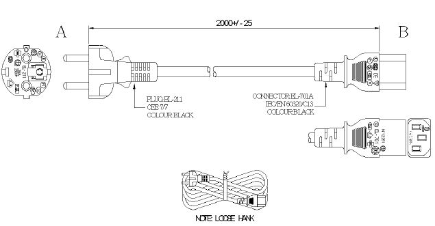 Drawing of Straight Schuko plug to IEC C13